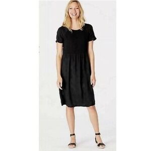 J. Jill Smocked Short Sleeve Black Dress Small P embroidered